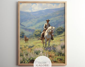 カウボーイ風景油絵：西部の馬の芸術（デジタルダウンロード） - Etsy 日本