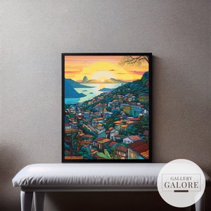 Rio de Janeiro Cityscape Painting, Colorful Favela Wall Art, Printable Brazil Sunset Art Print, Printable City Poster, Digital Download