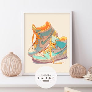 Arte mural con zapatillas Nike en tonos pastel / Linda ilustración de dibujos animados / Estilo cómic retro / Diseño de ensueño dibujado a mano / Descarga en alta resolución