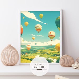 Whimsical Hot Air Balloons Wall Art | Vector Cartoon Style | Colorful Countryside Landscape | High Resolution | HDR Digital Download