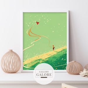 Drachenfliegen druckbare Wandkunst - niedliches Kind Zeichenstil | Grüner Sternenhimmel | Roter Drachen | Kinderzimmer Dekor | Digitaler Download