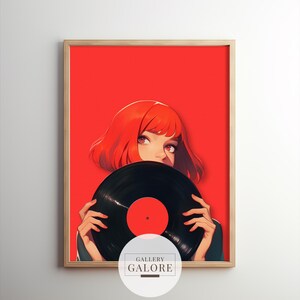Anime Mädchen mit roten Haaren halten Schallplatte | Minimalistische Vektorgrafik | Verspieltes Cartoon Design | Helle mutige Linien | Digitaler Download