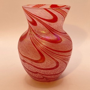 Studio Art Glass Vase Iridescent With Emerald Red Swirls Hand Blown Glass