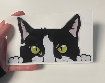 Peeking Tuxedo Cat Vinyl Decal, Black Cat - Waterproof Vinyl, Car decal, Laptop decal, Water bottle decal.