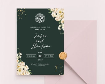Nikkah Wedding Invitation Editable Template, Muslim Wedding Invite Digital Download, Floral Valima Invitation for Pakistani Wedding, Canva