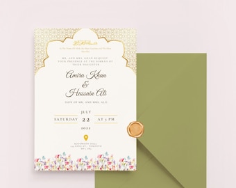Elegante muslimische Hochzeitseinladung digitaler Download, florale Nikkah-Einladung, bearbeitbare Walima-Karte, islamischer Empfang Evite, stationäres Bündel