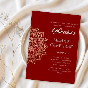 Convite Mehndi Mandala Convite Tradicional Indiano para Casamento Vermelho e Dourado Digital Evite Rokha Cartão para Cerimônia Maiyan Festa de Henna E-Card