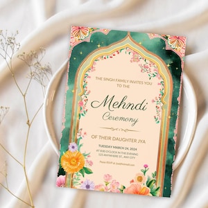 Faire-part de mariage indien, carte réservez une date moderne, modèle d'invitation Mehndi, fiançailles indiennes, réservez une date pendjabi, faire-part Sangeet