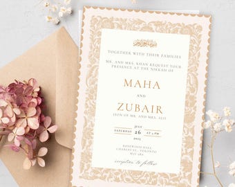 May include: A wedding invitation with a gold and white floral design. The invitation is for the Nikkah of Maha and Zubair, on Saturday, July 26, 2021, at 1 PM at Rosewood Hall, Charles St, Toronto. Reception to follow.