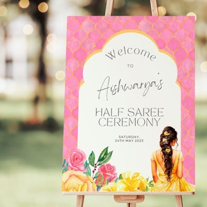 Half Saree Ceremony Welcome Sign, Ritu Kala Samskara, Editable Canva Template
