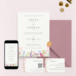 Pacote de convites para salvar a data com flores silvestres, convite para cartão de casamento indiano, anúncio de noivado com flores da primavera, Roka, forro de envelope, RSVP