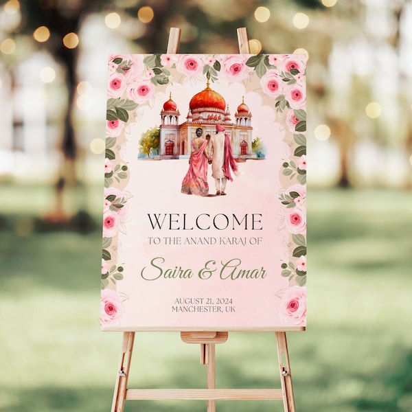 Punjabi Wedding Welcome Sign with Gurdwara, Anand Karaj Wedding Sign, Indian Wedding, Roka Signage, Reception Welcome Sign, Canva Template