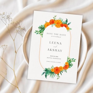 Modelo de convite de casamento indiano com flores de calêndula, Hindu Save the Date moderno, cartão de casamento do sul da Índia, casamento Tamil, cartão Punjabi