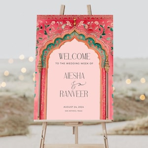 Indian Wedding Welcome Sign, Mendhi Sign Pink, Sangeet Wedding Signage, Indian Wedding Decor, Haldi Welcome Poster, Editable Template, A1
