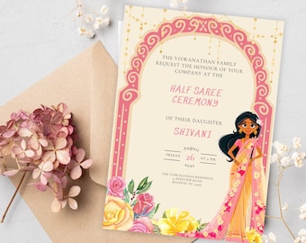 South Indian Puberty Ceremony Invitation Template, Ritu Kala Samskaram Evite, Half Saree Ceremony Invite, Half Sari Ecard, South Indian Card