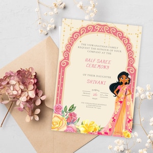 Plantilla de invitación a la ceremonia de la pubertad del sur de India, Ritu Kala Samskaram Evite, Invitación a la ceremonia de medio sari, Tarjeta electrónica de medio sari, Tarjeta del sur de India