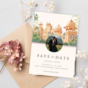 Casamento de destino salve a data, modelo de cartão de casamento indiano real, jardim Jaipur Pichwai, evite de casamento hindu, modelo para impressão Canva