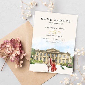 Réservez vos dates indiennes, modèle de faire-part de mariage hindou, réservez les dates numériques, faire-part de fiançailles, illustration illustrée du manoir anglais pour le lieu