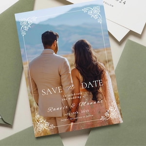 Cartão de reserva de data indiano, cartão de noivado com foto, convite de casamento hindu, cartão de anúncio Roka, cartões de casamento indianos, borda elegante