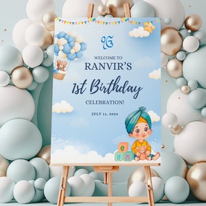 Cartello di benvenuto per il primo compleanno, Sukhmani Sahib per il 1° compleanno, Segnaletica blu, Percorso Akhand, Sri Sehaj Paath, Alfabeto illustrativo per bambini Punjabi