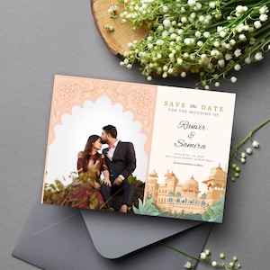 Modèle de faire-part de mariage indien, mariage à destination de Jaipur en Inde, carte de mariage hindou, réservez la date Evite, carte de mariage numérique, toile