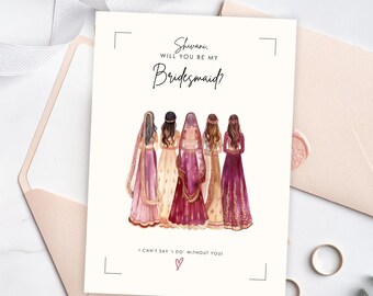 Will You Be My Bridesmaid Card — Two Page, South Asian Lehenga Illustration, Canva Template