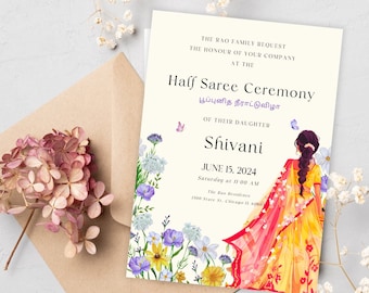 Tamil Puberty Ceremony Invitation Template, Ritu Kala Samskaram Evite, Half Saree Ceremony Invite, Half Sari Ecard, South Indian Card