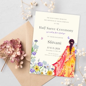 Tamil puberteit ceremonie uitnodiging sjabloon, Ritu Kala Samskaram Evite, halve Saree ceremonie uitnodigen, halve Sari Ecard, Zuid-Indiase kaart