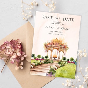 Réservez la date indienne, faire-part jardin Pichwai, carte de mariage hindou paon, modèle imprimable d'invitation de mariage, fiançailles Roka Evite
