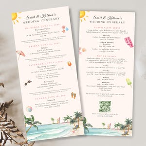 Carta de boas-vindas de destino, cronograma de fim de semana de casamento indiano, itinerário de casamento em Goa, Miami Beach, cerimônia longa para impressão, cartão de programa faça você mesmo