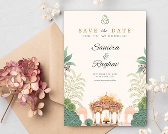 Indian Save the Date, Hindu Wedding Invitation Template, Digital Save The Dates, Engagement Announcement, Printable Invite, Instant Download