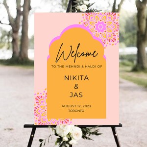 Mehndi Haldi Welcome Sign, Pink Marigold Mandala, Personalized Printable