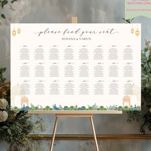 Puede incluir: Un plano de asientos blanco con fondo melocotón y borde floral. El plano está titulado "Por favor, encuentra tu asiento" y "Suhana & Varun". Enumera 24 mesas con nombres para cada invitado.