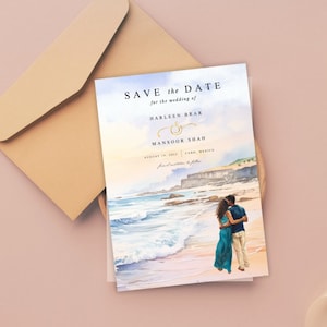 Modèle de faire-part de mariage indien, illustration de couple, réservez des dates indiennes, faire-part de fiançailles, faire-part de mariage à destination de la plage
