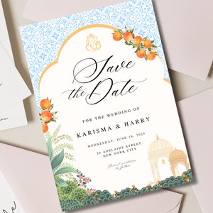 Modèle de faire-part de mariage royal indien, réservez une date élégante, carte de mariage hindou, mariage du sud de l'Inde, mariage tamoul, jardin Pichwai