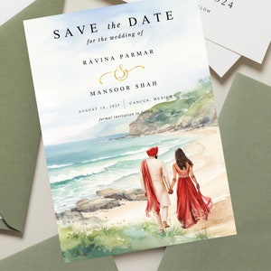 Modelo de convite de casamento indiano com ilustração personalizada, cartão de casamento sikh, punjabi salve a data, casamento no destino de Anand Karaj Canva