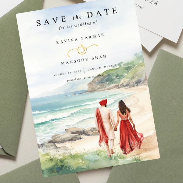 Indian Wedding Invitation Template With Custom Illustration, Sikh Wedding Card, Punjabi Save the Date, Anand Karaj Destination Wedding Canva