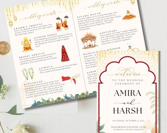 Può includere: Un invito di nozze con un design oro e rosso. L'invito presenta un messaggio di benvenuto, i nomi Amira e Harsh, la data sabato 19 ottobre 2025 e la location Inglewood Country Club, Florence, Carolina del Sud.