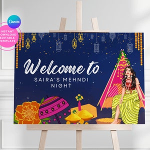 Wedding welcome sign template for Indian weddings, Mehndi decor, Mehndi signs, Welcome to our wedding sign, Indian wedding sign template