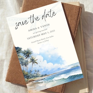 Modelo para salvar a data de praia tropical, convite de casamento indiano de Goa, cartão editável de casamento de destino, casamento hindu, download instantâneo DIY