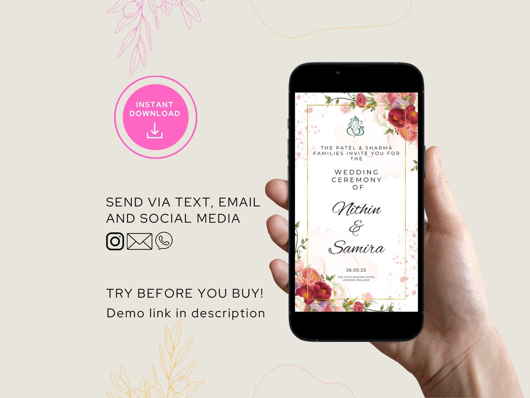 Invitación de boda digital, invitación de boda india, invitación de