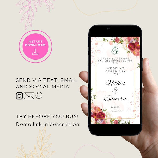 Digital wedding invitation, Indian wedding invitation, Hindu wedding invitation, Indian wedding electronic invitations, Indian wedding Canva