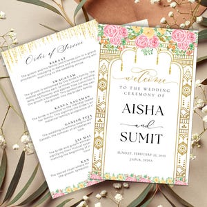 Programa personalizado para casamento indiano, itinerário para o dia do casamento hindu, programa para cerimônia de casamento indiano, cronograma para casamento indiano, livreto para o dia do casamento