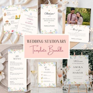 May include: A collection of wedding stationery templates, including invitations, menus, and signage. The designs feature floral accents in pastel colors and elegant fonts. The text includes the names "Amira & Harsh".