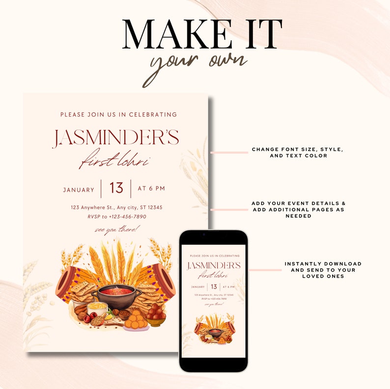 K&ouml;nnte beinhalten: Eine druckbare Einladung zu einer ersten Lohri-Feier. Die Einladung zeigt eine farbenfrohe Illustration von traditionellem indischem Essen und Dekorationen. Der Text auf der Einladung lautet "JASMINDER'S first lohri" und enth&auml;lt das Datum und die Uhrzeit der Veranstaltung. Die Einladung enth&auml;lt auch Anweisungen zum Anpassen der Schriftgr&ouml;&szlig;e, des Stils und der Farbe sowie zum Hinzuf&uuml;gen weiterer Seiten.