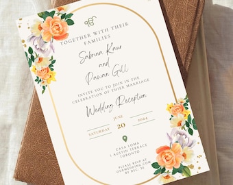 Sikh Wedding Invitation Suite — Anand Karaj, Three Template Bundle, Peach Floral, Editable Canva Card