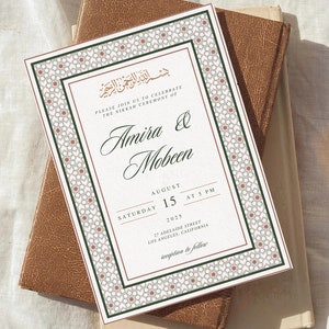 May include: A white wedding invitation with a green and pink geometric border. The invitation reads "Please join us to celebrate the Nikkah ceremony of Amira & Mobeen" with the date and time of the ceremony: "Saturday, August 15 at 5 PM, 2025". The address is "27 Adelaide Street, Los Angeles, California". The invitation concludes with "reception to follow".