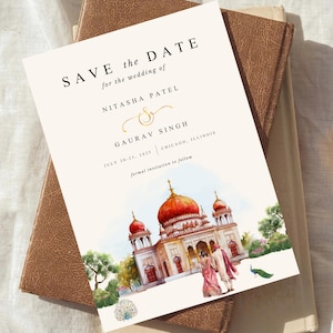 Faire-part de mariage sikh, carte de mariage pendjabi, faire réserver une date pour un mariage indien, Anand Karaj Evite, illustration de couple pendjabi, toile