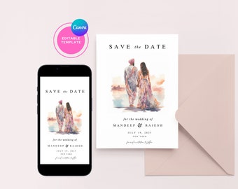 Digital Indian Wedding Save the Date, Elegant Wedding Invitations, Indian Wedding Electronic Invitations, Editable Template, Wedding Card