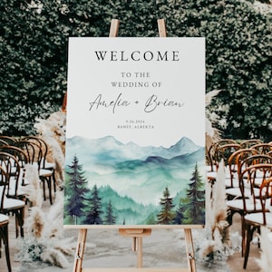 Cartello di benvenuto in montagna, matrimonio rustico in montagna, cartello modificabile con pino della foresta boschiva, cartello stampabile, segnaletica per matrimoni in montagna